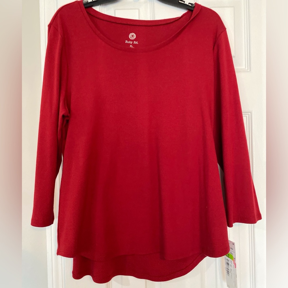 Red Long Sleeve Tee Shirt. Ruby Rd.  XL 199% Cotton.  Scoop Neck, True Red.  NWT